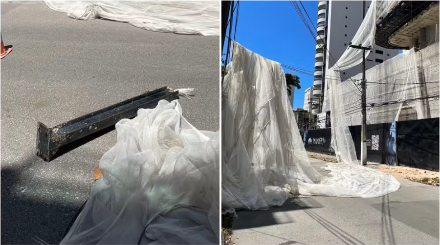 Barra de ferro e lona caem de prédio em obra e atingem rede elétrica em Fortaleza