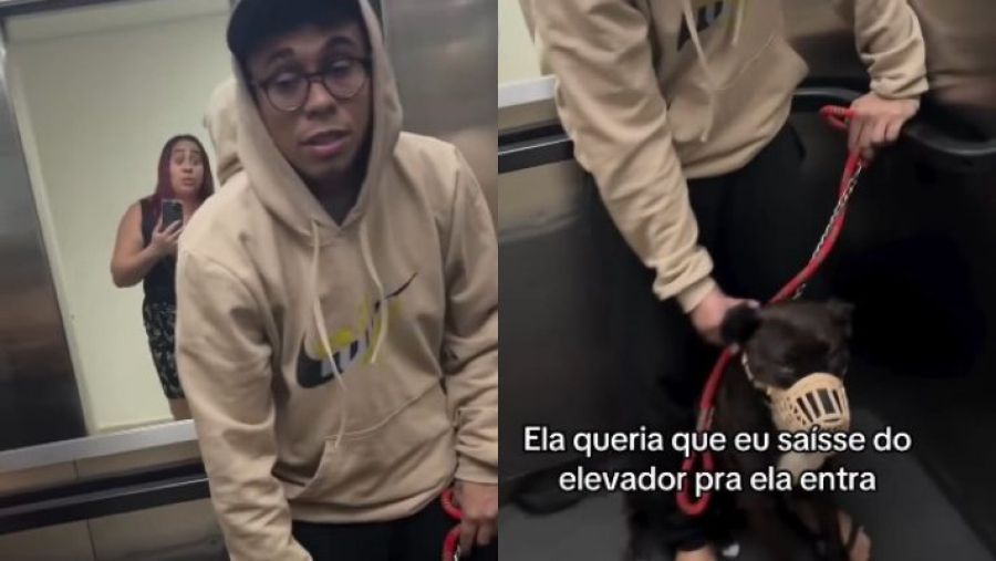 Vídeo viral mostra moradora exigindo que tutor e pitbull deixem elevador em prédio da Baixada Santista