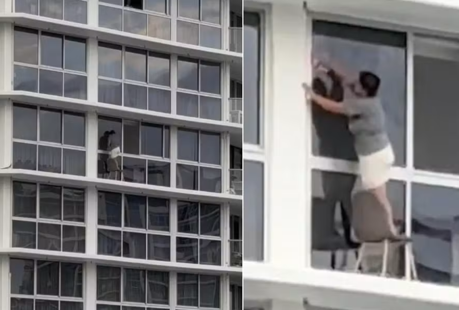 Faxina em altura extrema chama atenção após mulher se equilibrar em cadeira no 16º andar de prédio