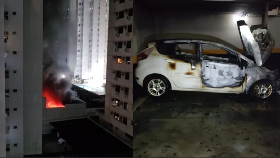 Carro pega fogo em garagem de condomínio no Setor Bueno, em Goiânia
