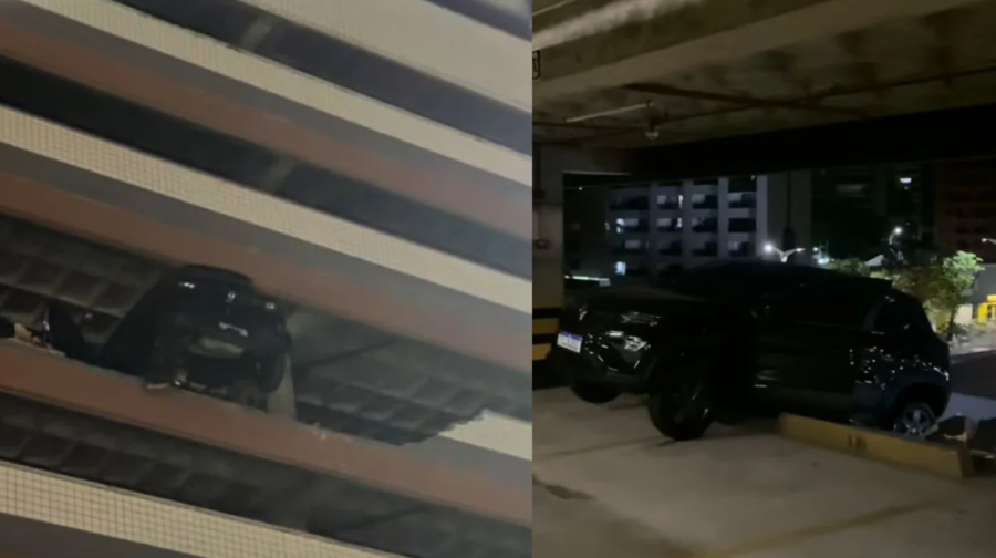 Carro fica pendurado no quarto andar de estacionamento de prédio em Fortaleza
