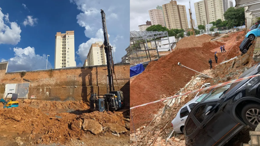 Muro desaba em prédio na Mooca (SP) e danifica veículos na garagem