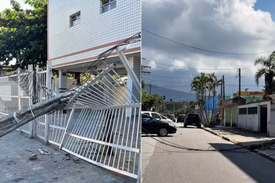 Caminhão derruba poste e atinge portão de prédio no litoral de SP