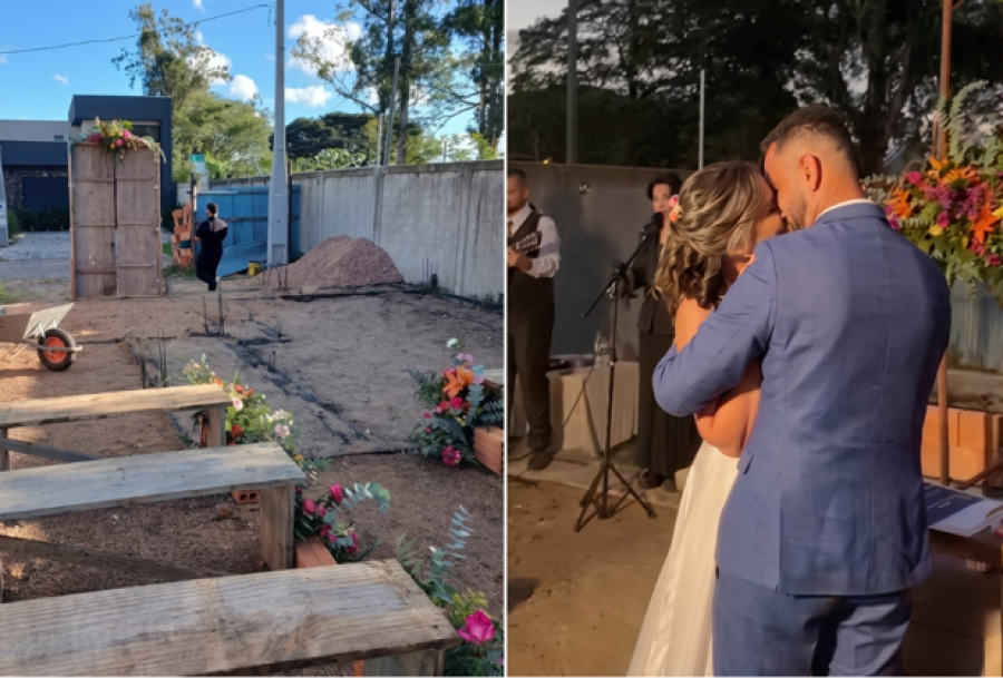Casal se casa na fundação da própria casa em construção e emociona moradores em condomínio no RS