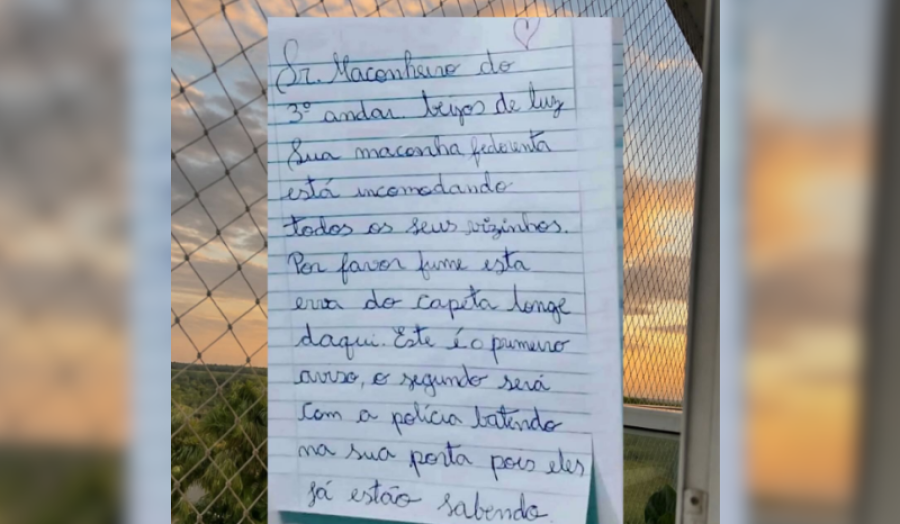 Bilhete anônimo ameaça chamar polícia por cheiro de maconha em condomínio no interior de SP