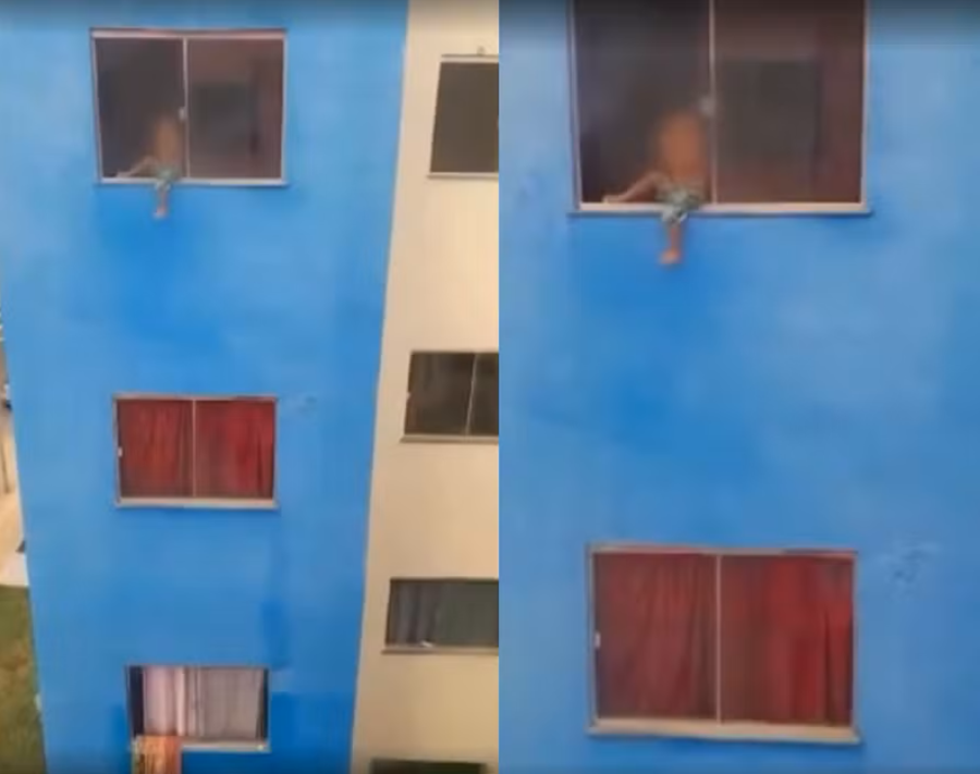 Criança de 3 anos é flagrada na janela do quarto andar de apartamento