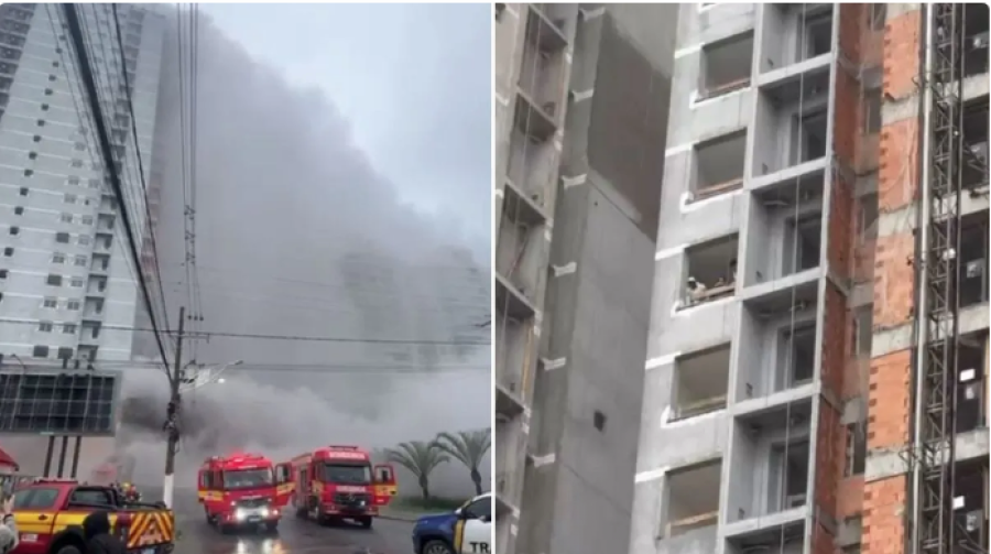 Incêndio atinge prédio em construção e deixa trabalhadores presos em meio à fumaça em SC