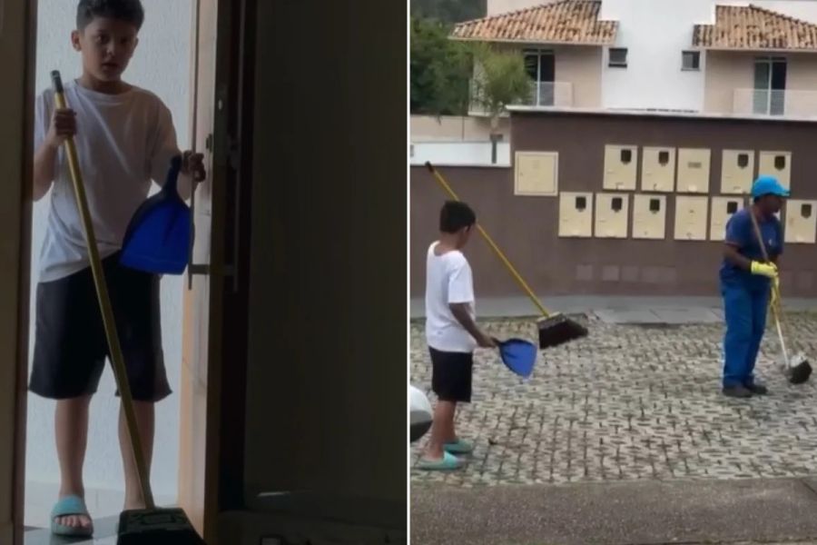 Menino vê faxineira limpando condomínio sozinha e decide ajudá-la em MG